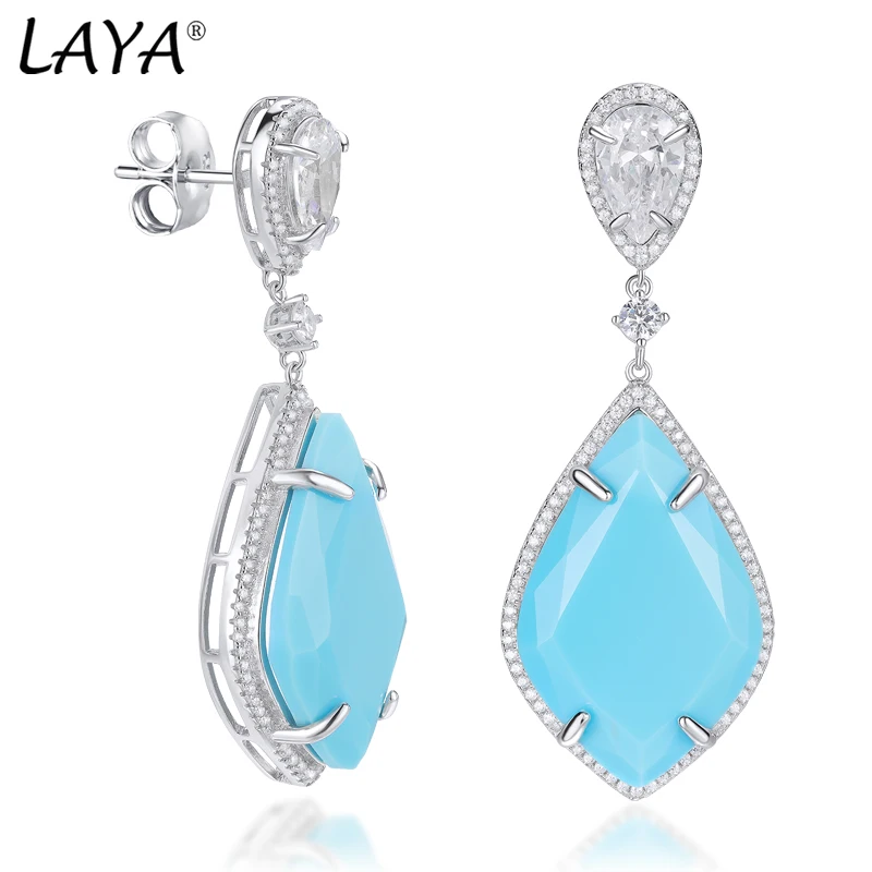 Laya 925 Sterling Silver Lnlaid With Zircon Blue Pink Coral Gem Big Drop Earrings For Women Cocktail Original Modern Jewelry