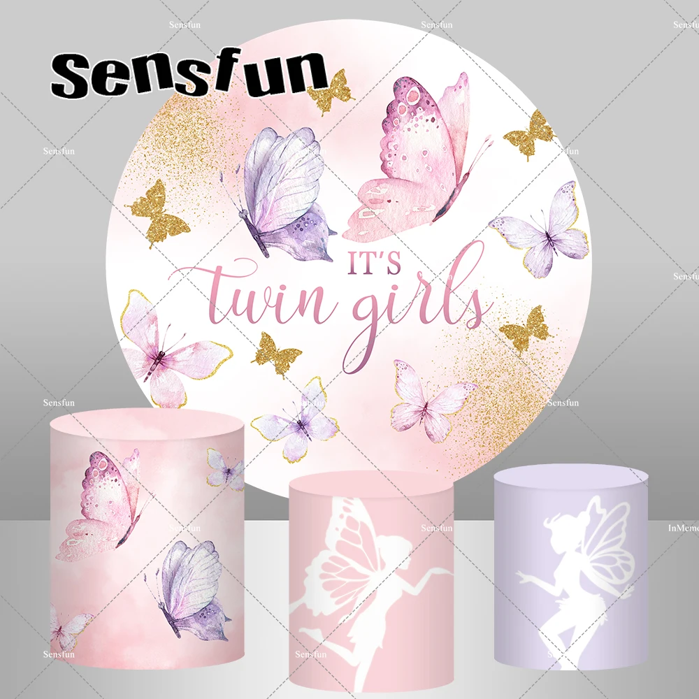 ผีเสื้ออาบน้ําทารกแรกเกิดรอบฉากหลังสีชมพู Fairy Girls 1st Birthday Party วงกลมพื้นหลังฐานครอบคลุม