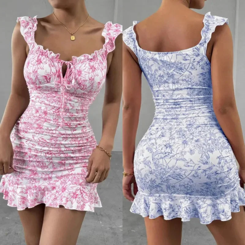 

Vintage Floral Print Dress Sexy Off Shoulder Ruffled Waist Cinching Dress Y2K Women Short Sleeveless Spaghetti Strap Mini Dress
