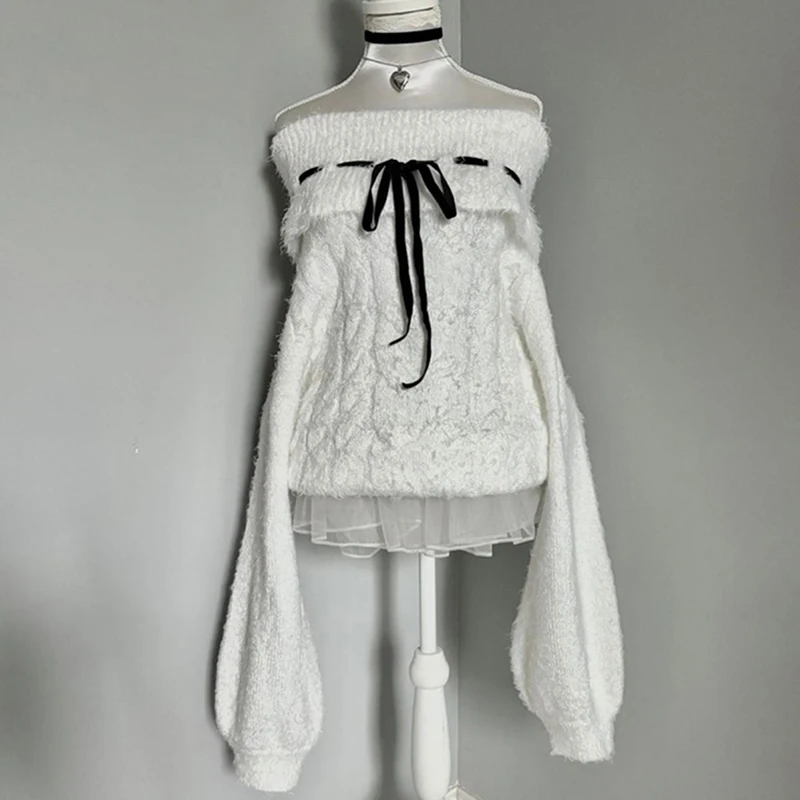 Sexy fora do ombro camisola de malha feminina branco harajuku y2k doce pulôver manga longa solto preguiçoso rendas até bonito topo