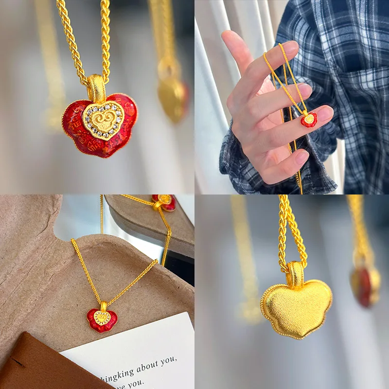 AU999 24K pure gold micro-inlaid red enamel ruyi lock pendant for women, perfect matching accessory for dresses and banquets