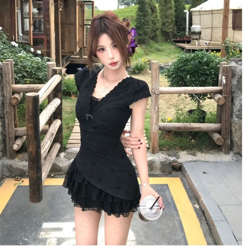 Vestido sexy suave subcultura 2000s verão coreia harajuku estética femme roupas femininas cintura fina renda vestido em camadas