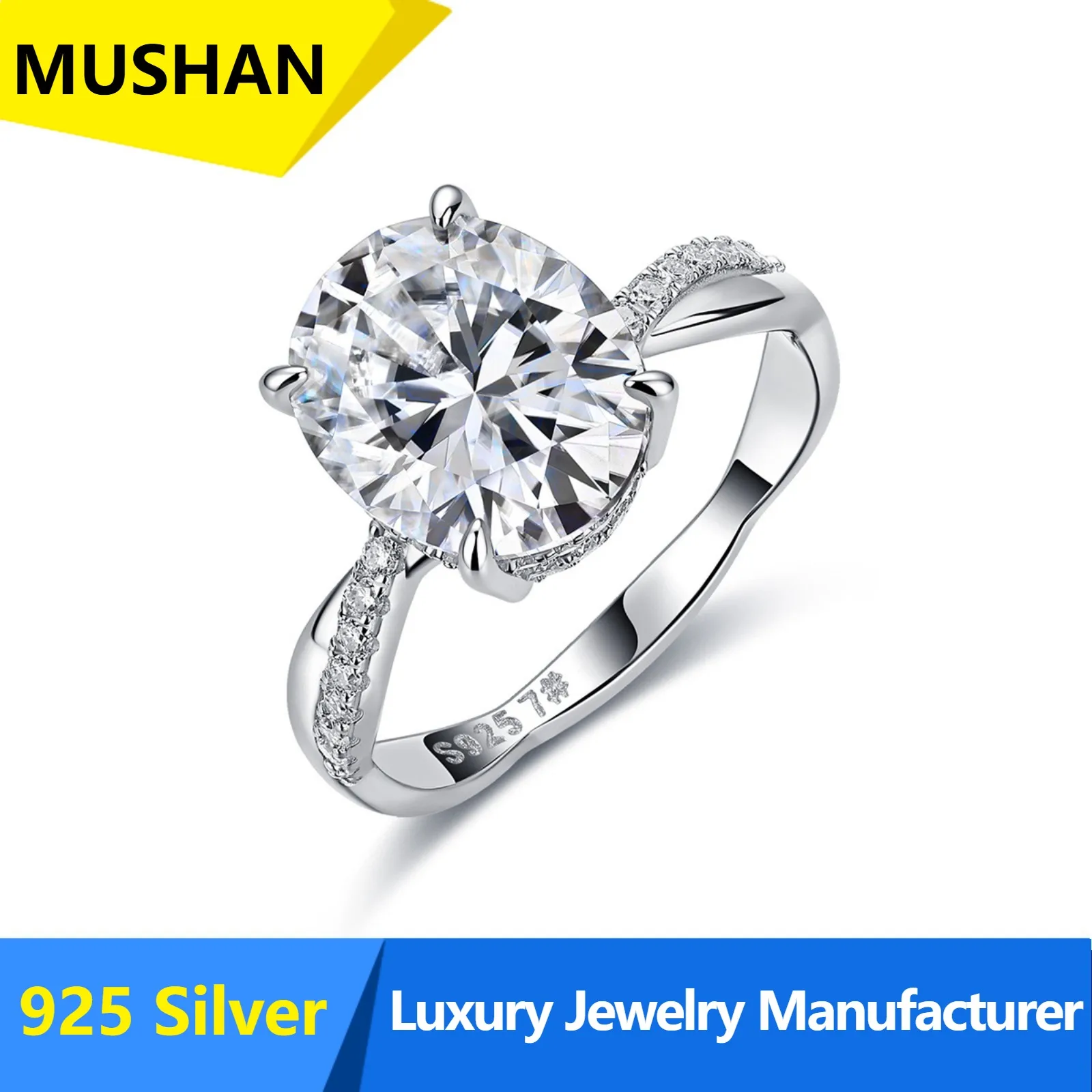 MUSHAN Luxury 925 Sterling Silver Jewelry Factory 5 Carat Egg-Shaped Moissanite Stone Full Ring Arm Women's Sterling Silver Ring