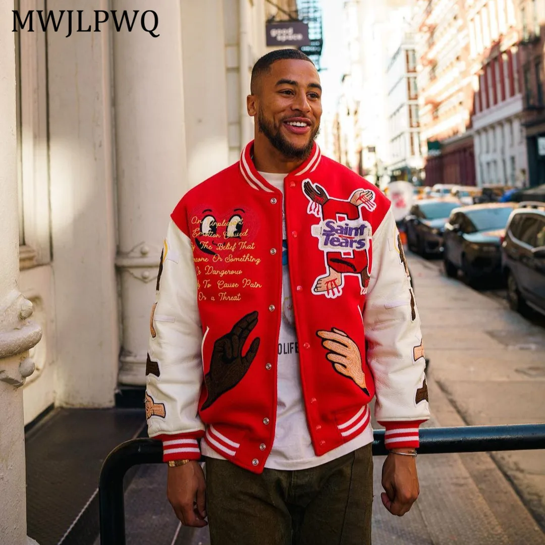 

MWJLPWQ Red Embroidered Patch Printed Baseball Jacket Male American Stand Collar Long Sleeve Streetwear New Casual Couple 11181