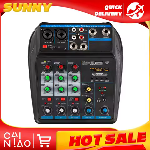 4 channel Mixer Dj Mixing Console Met Bluetooth 48V Phantom Power Monitor Karaoke Systeem Usb Mixer Audio