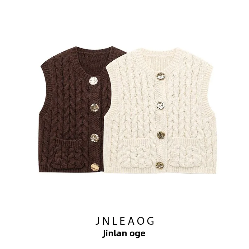 JNLEAOG Faionable Knitted Vest Women's Sle Spring New Design Thi Needle Twisted Golden Button Straight Cut Polyester Fiber