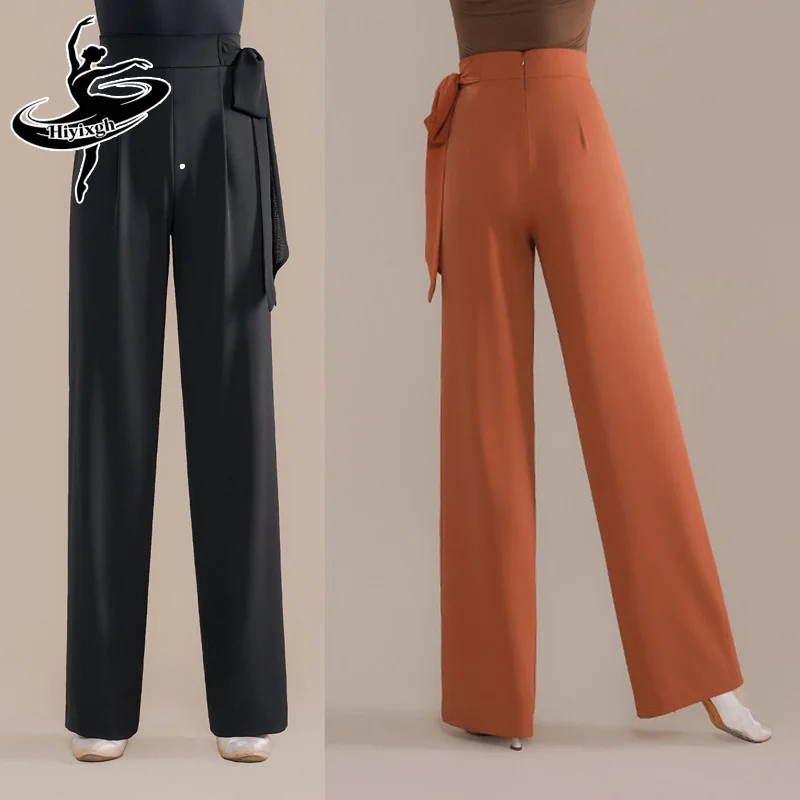 Women's Ballroom Dance Straight Leg Pants Standard Quick Step Pants Black New Brown High Waist Pants White Tango Latin