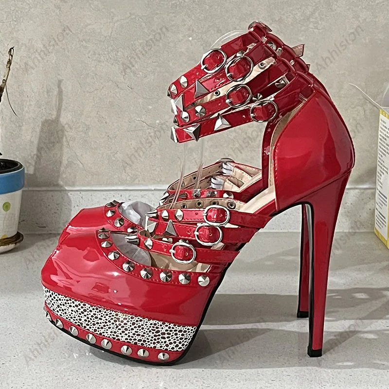 Ahhlsion Handmade Classics Women Sandals Sexy Studs Stiletto Heels Peep Toe Pretty Black Party Club Shoes Ladies US Size 4-15