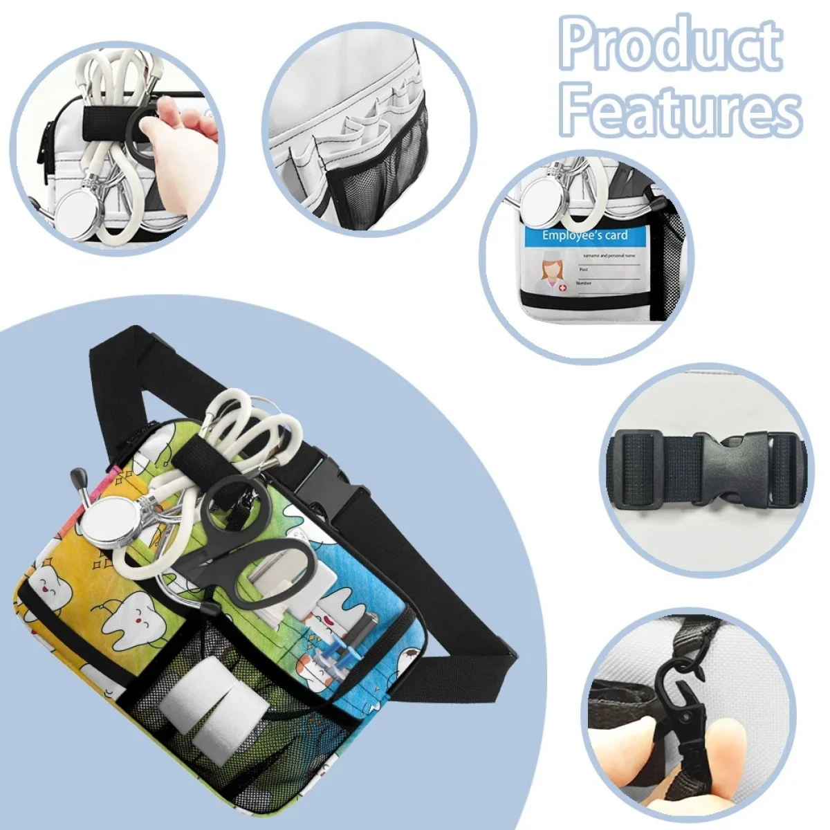 Sacs de ceinture médicale à plusieurs compartiments pour stéthoscopes, bande dessinée, dents colorées, dentiste, designer, sac banane, bandage, ciseaux, femme