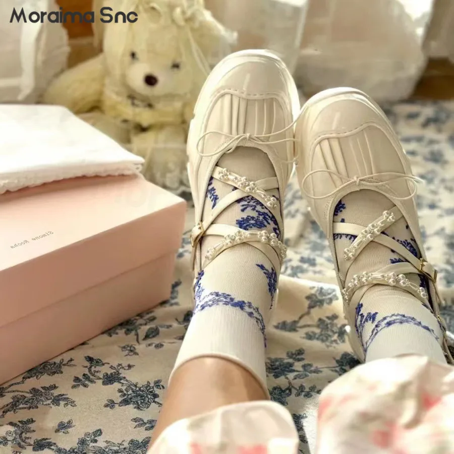 

Rhinestone Cross-Strap Bow Sneakers Round Toe Pleated Ballet Thick-Soled Mary Jane Shoes Sweet Casual Fashion Women's Shoes