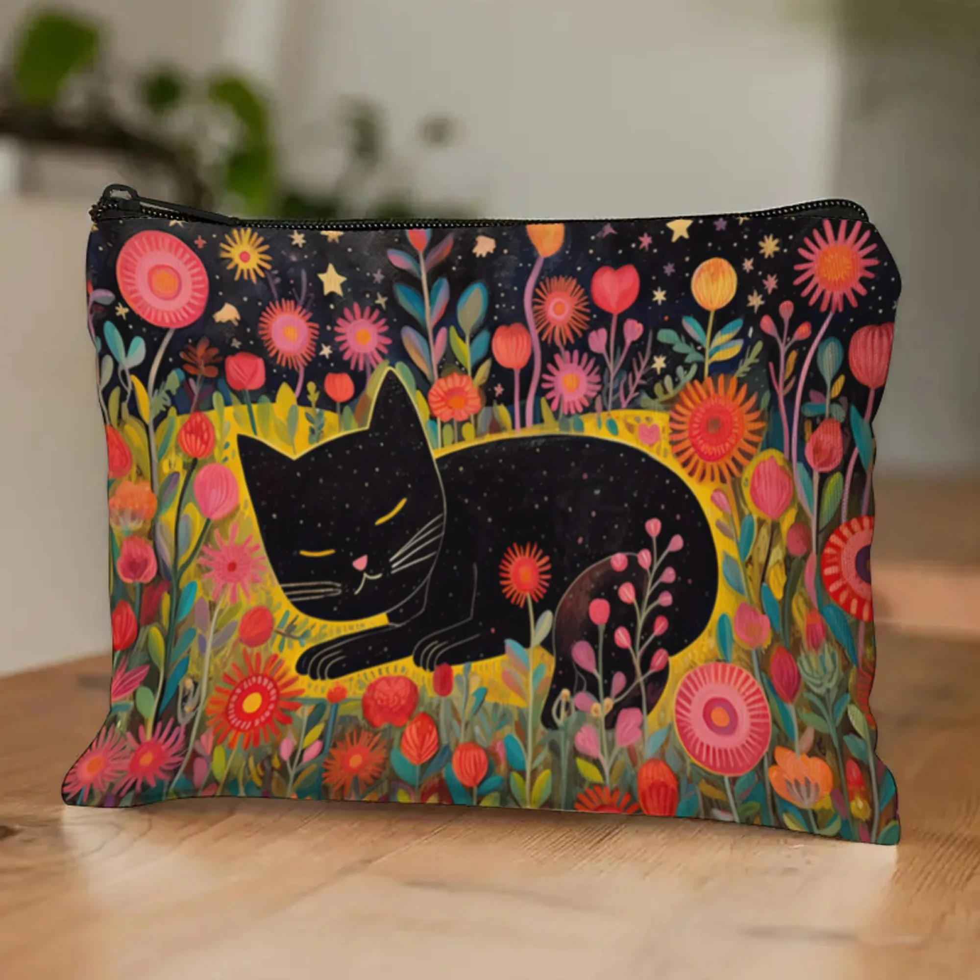 

Ретро-косметичка унисекс из полиэстера, 1 шт., на молнии, с модным принтом серии «Садовые кошки», аксессуар для макияжа