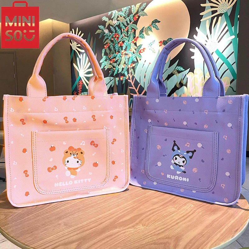 MINISO Sanrio Cartoon Printed Kuromi Handbag Cute Casual Large Capacity Shoulder Bag Women\'s PU Tote Bag