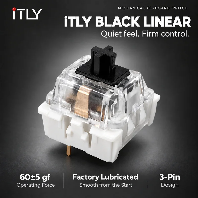 iTLY 3Pin Silent Linear Black Switch 60gf Hot Swappable Pre-lubed Switch Free Pen Black Brush & 2-in-1 Keycap Switch Puller
