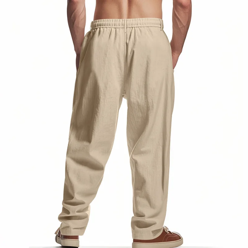 Herren Boho Leinenmischung Weite Hose mit Hoher Taille, Kordelzug, Knopfleiste, Lockerer Passform und Seitentaschen – Detail 31