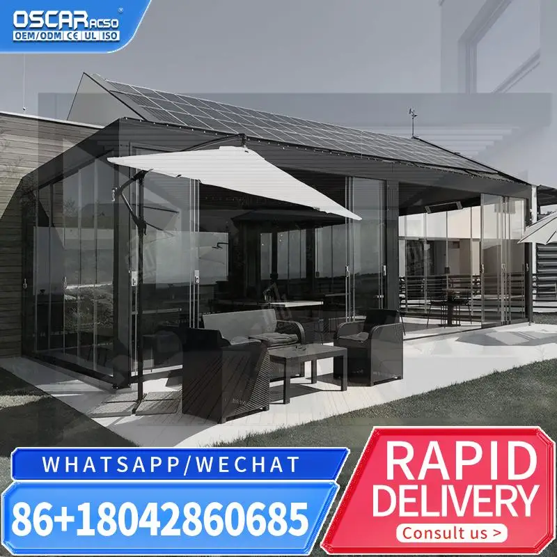 New Design Motorized Louvered Aluminum Pergola With Sliding Glass Roller Blinds Luxury Outdoor Shade Structure for Garden Patio