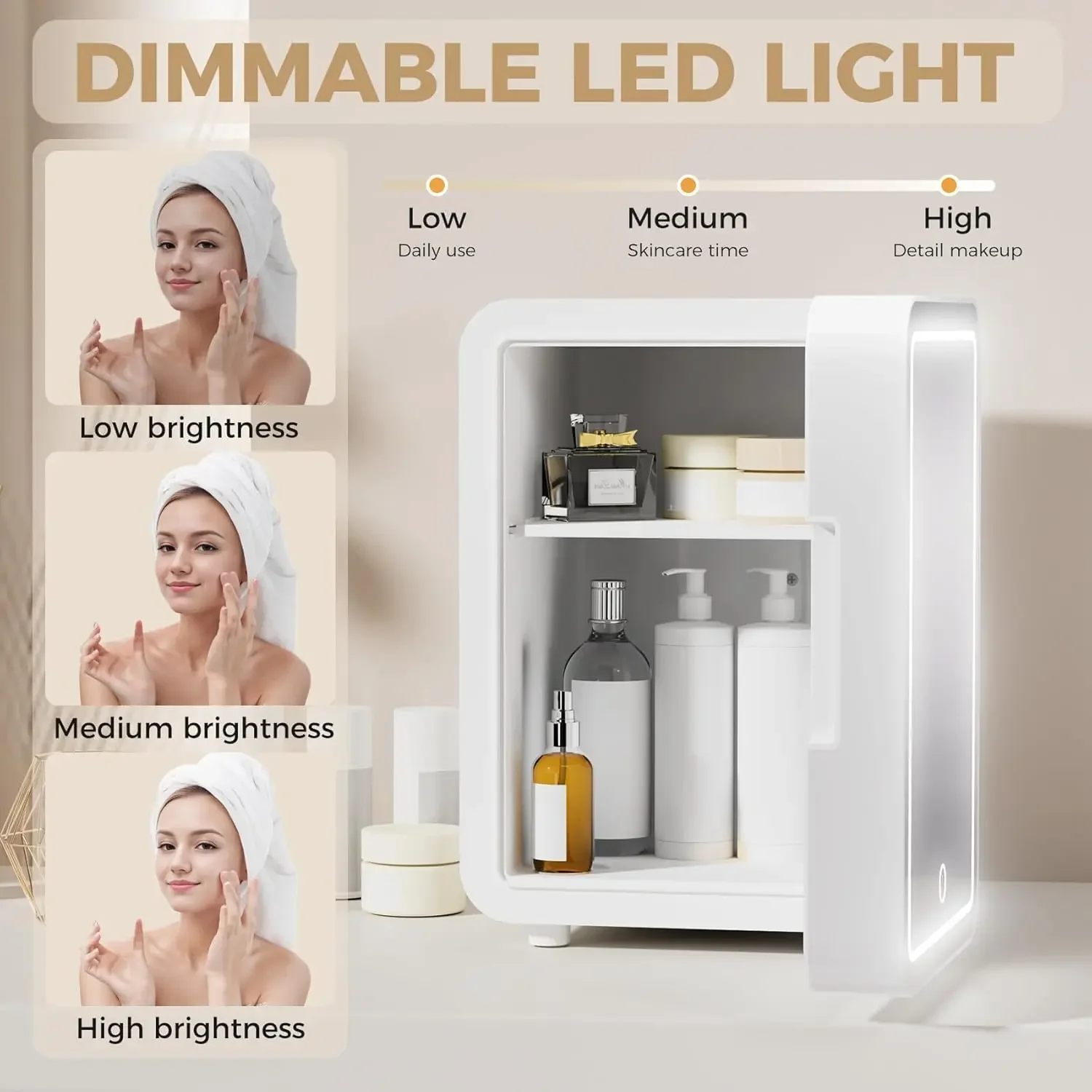 Compact White Skincare Mini Fridge with Dimmable Light Mirror - 4L, Cooler or Warmer, Portable for Car Use