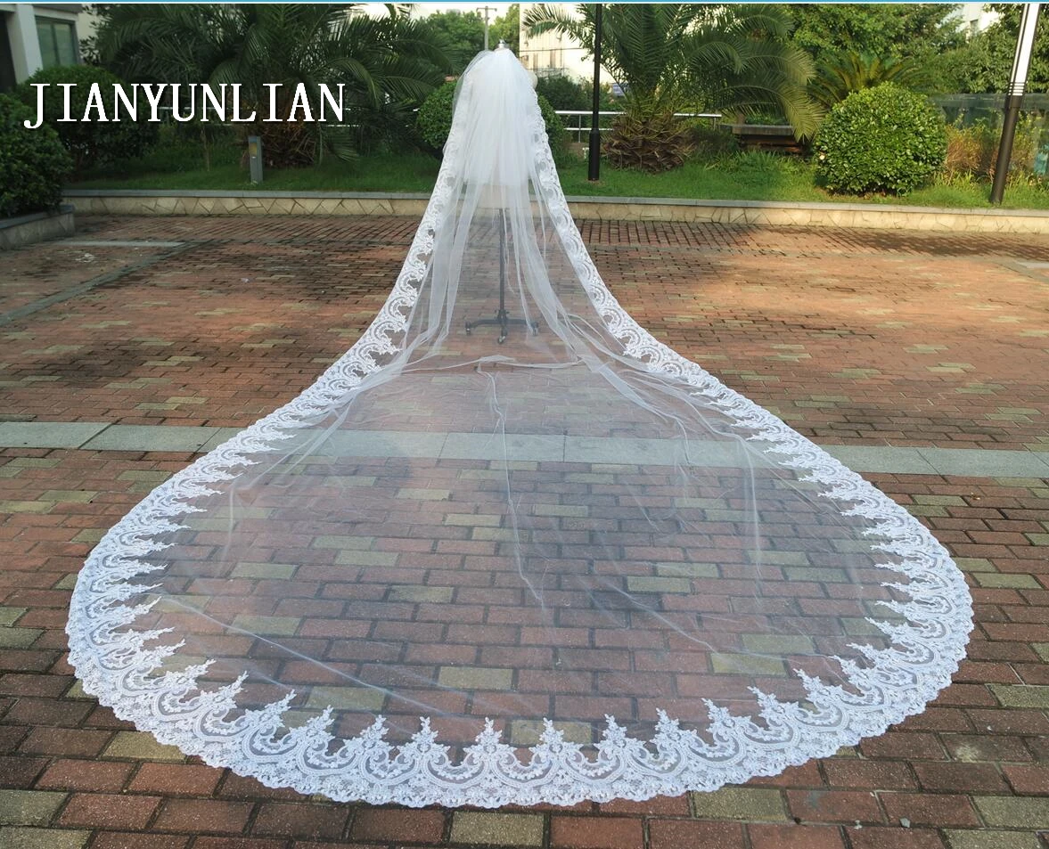 

5M Width Wedding Veil Long 2T Cathedral Ivory Lace Hem Bridal Veils with Comb Cover Face Wedding Veil