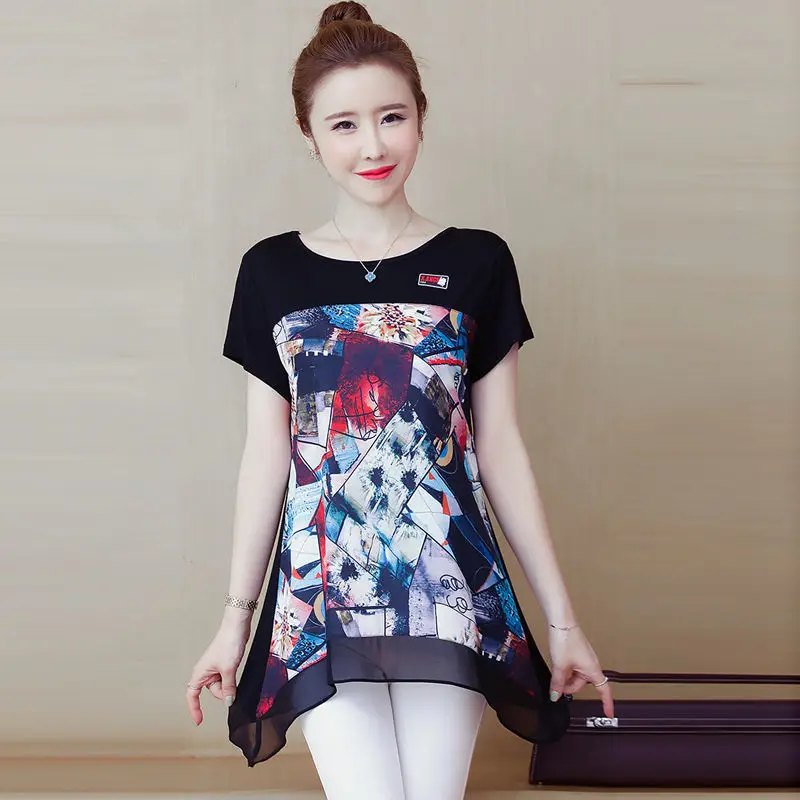 

Элегантные блузки нестандартной формы с круглым вырезом и принтом, женская одежда, новинка лета 202, свободные универсальные топы, офисные женские рубашки