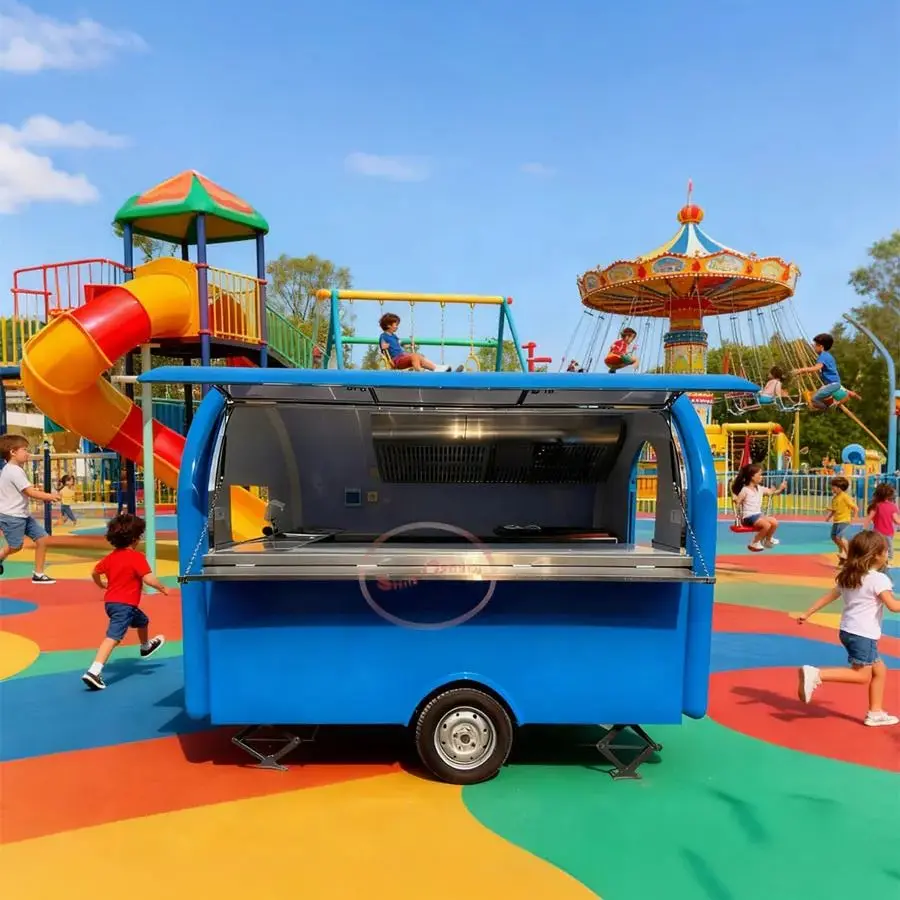 Bright Blue Outdoor Food Trailer with Streamlined Curved Design Extra-Large Sales Window Modern Vibrant Style