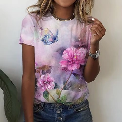 Camiseta floral 3D com gola em O feminina, camiseta feminina, tops casuais, Harajuku, manga curta, roupas femininas, moda, verão