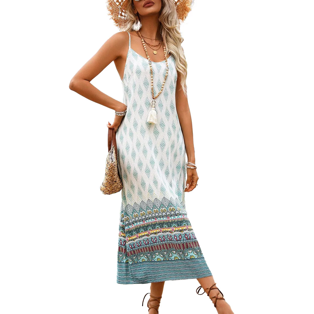 

2026 European and American summer new camisole dress women's print slim fit sexy backless mid length skirt
