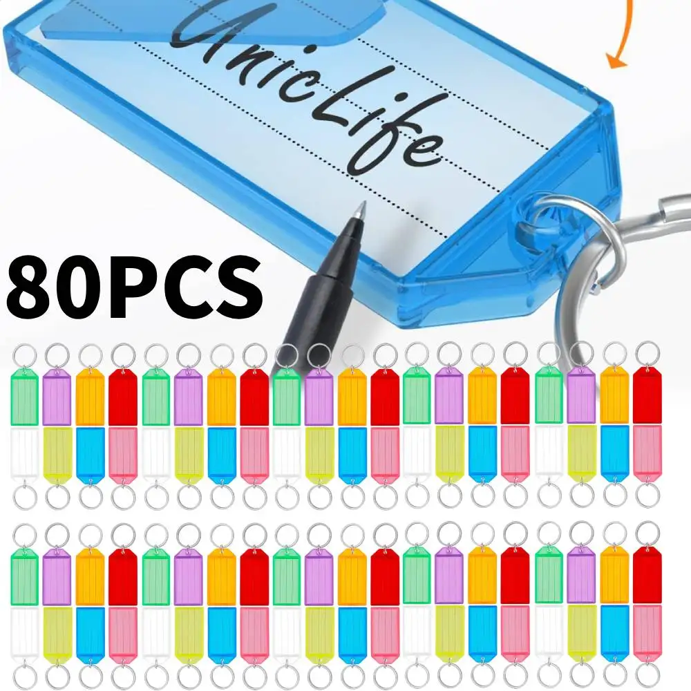 

[80pcs] Key Tags | Plastic Key Chain Tags with Ruled Blank Paper Labels Transparent Covers and Split Rings Sturdy Item