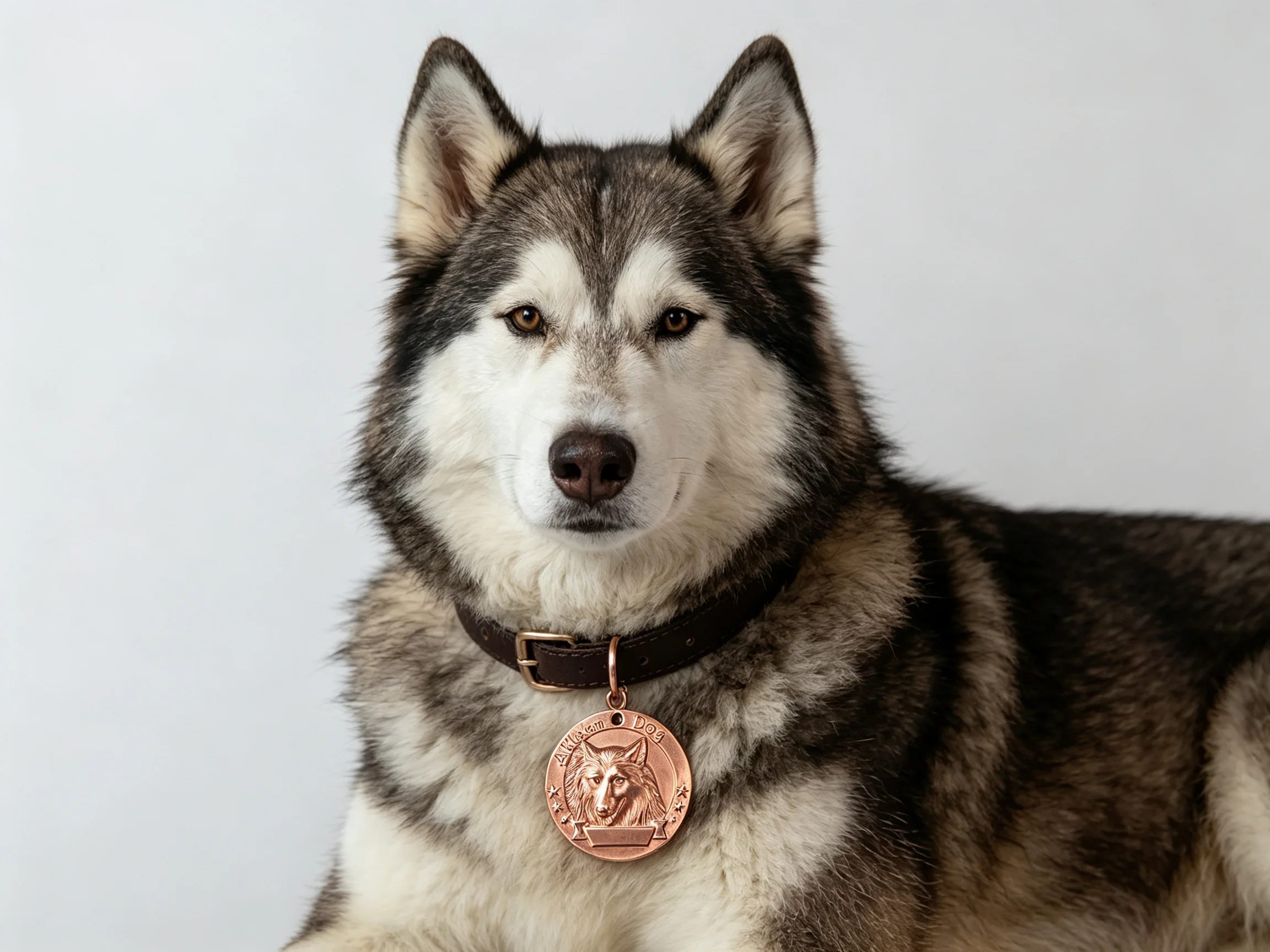 33mm Pure Red Copper Dog Tag, 3D Embossed Alaskan Malamute Pattern Round Pet ID Tag, Custom Engraved Dog Collar Name Tag for Med