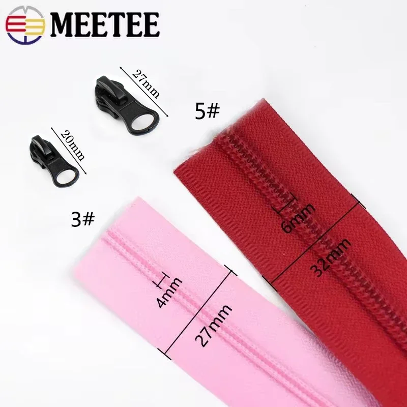 Meetee 1/2/3M 5# Nylon Zipper Tapes Waterproof Coil Plastic Zippers with Zip Sliders DIY Garment Bags Repair Sewing Accessories