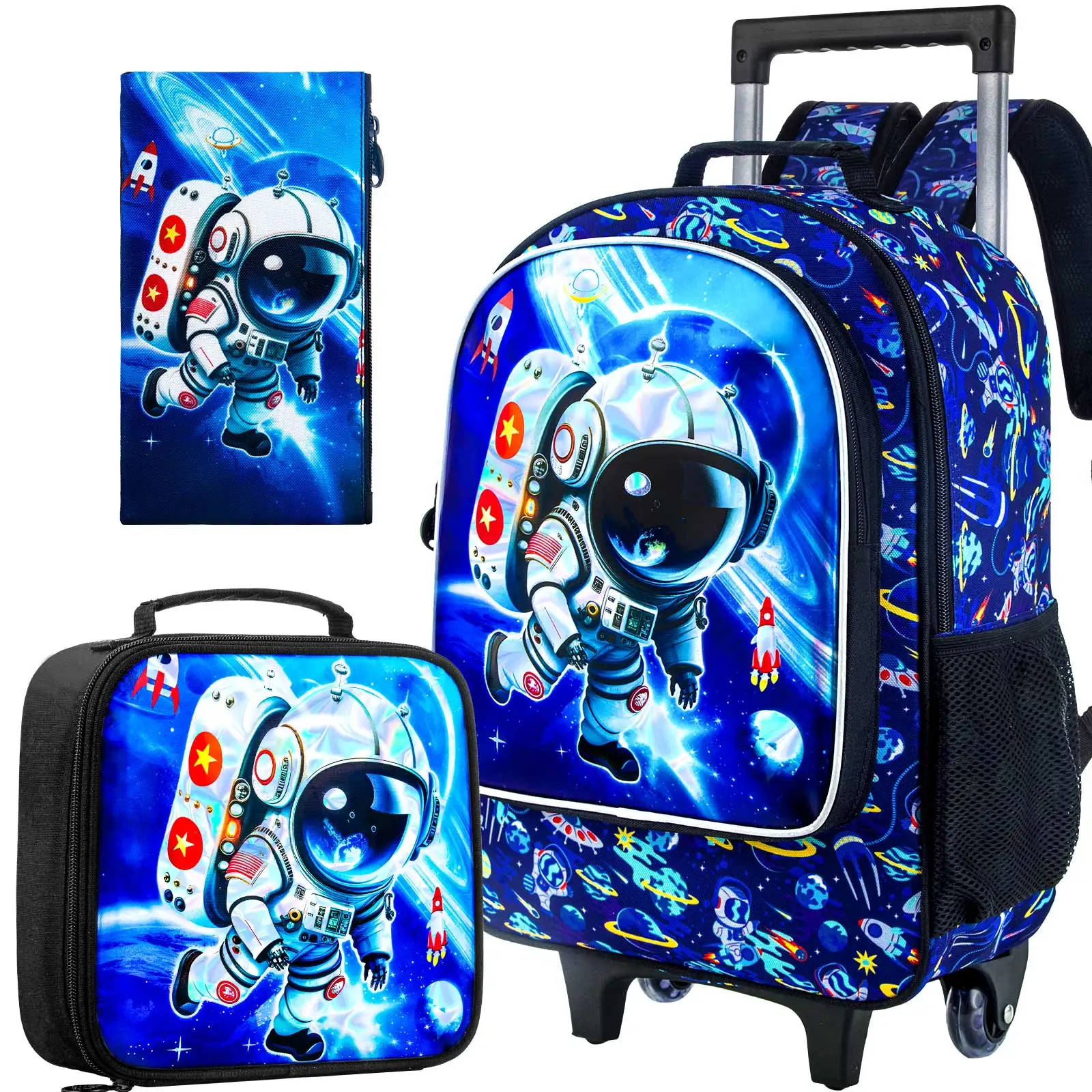 

Rolling Backpack for Boys, 3PCS Kids Roller Bookbag with Lunch Bag, Wheeled School Bag for Children - Blue Astronaut