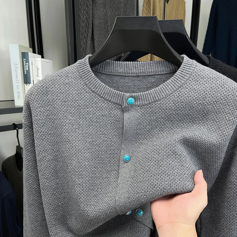 

Мужской вязаный кардиган с круглым вырезом, свитер на пуговицах, повседневная мода, осень-зима, теплая, удобная, универсальная, классическая мужская одежда