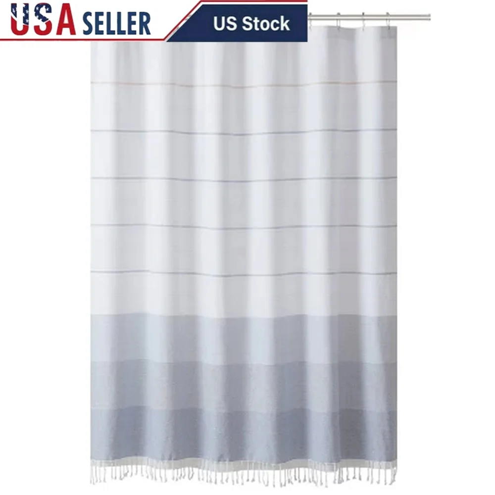

14 Piece Striped Shower Curtain Set with Hooks and Liner Water Resistant Easy Care Durable Cotton Fabric Bathroom Refresh