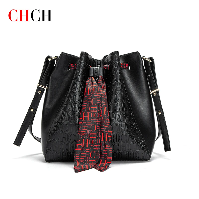 CH Luxury Brand Women's PU Bucket Bag Large Capacity Shopping Travel Commuter Shrink Scarf Shoulder Bag Fashion Shoulder Bag