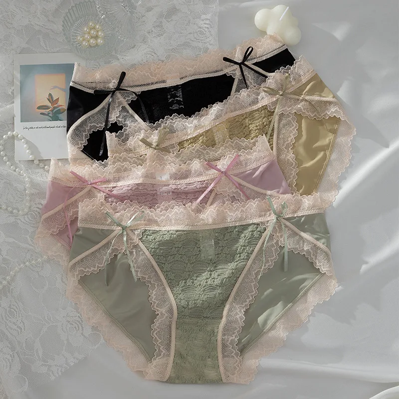 Sexy Slit Lace Jacquard Underwear Women's Ribbon Double Bow Breathable Hip Lifting Girl Briefs Mid Waist lingerie for women