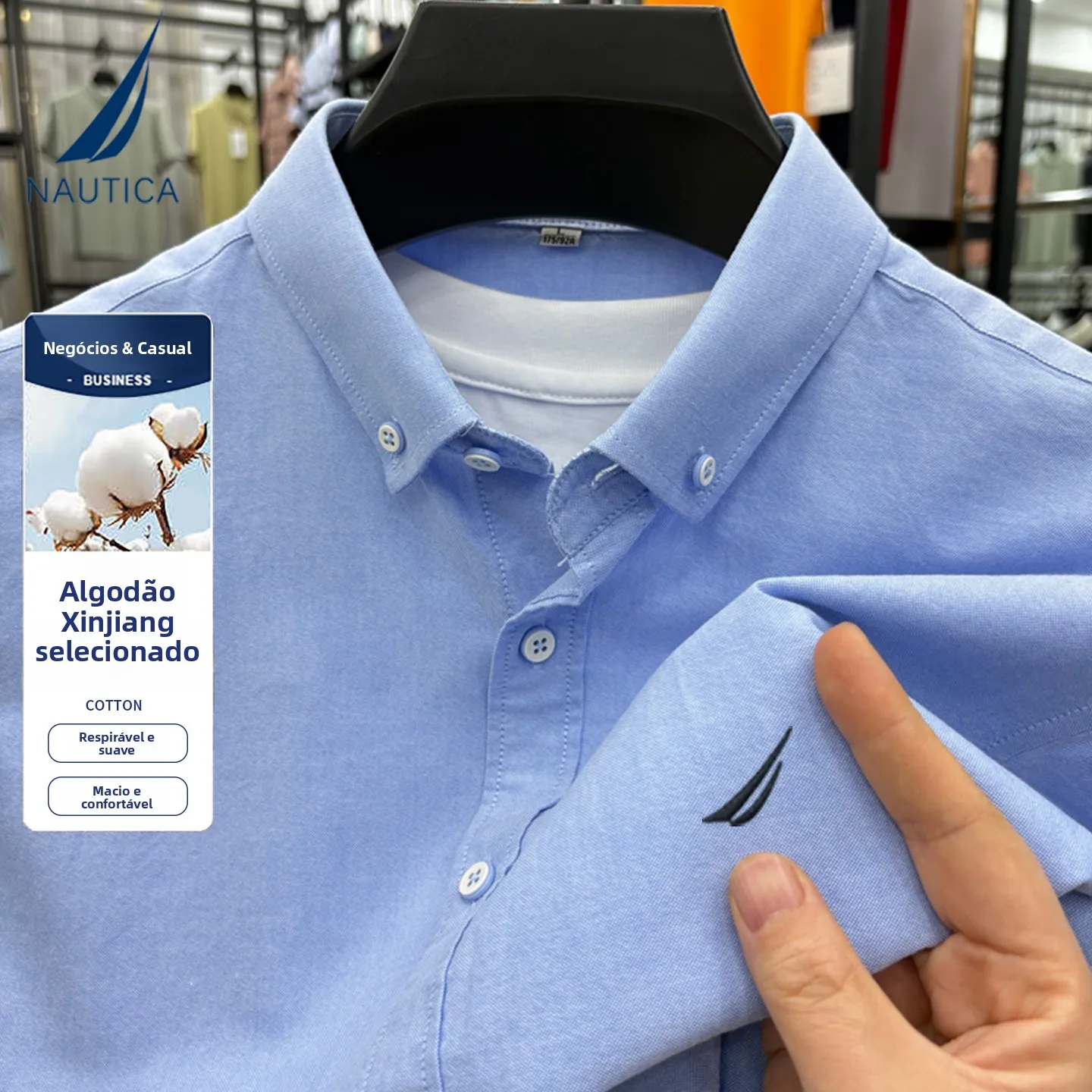 Camisa Masculina Nautica de Verão Casual de Negócios, Cor Sólida, Manga Curta, Algodão Puro, Confortável e Respirável, Corte ...