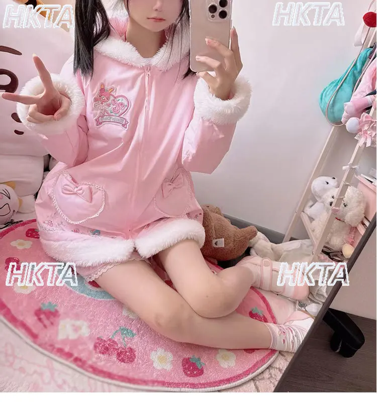 

2025 New Winter Sweet Cute Girl Butterfly Bow Heart Hooded Fur Collar Cotton-padded Coat Women Thickened Warm Parkas Girls Coats