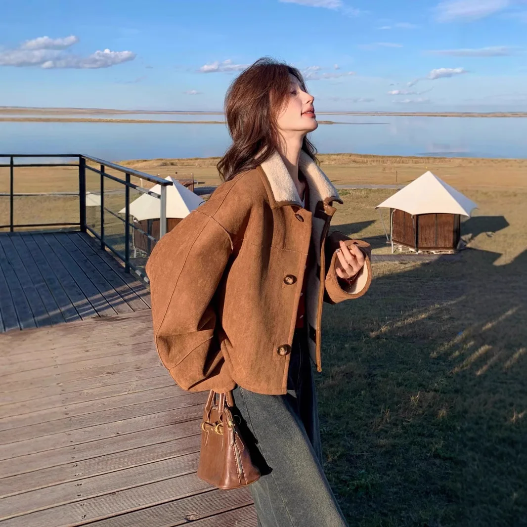 Two-sided Wear Fur Lamb Wool Jacket Women Autumn Winter Korean Loose Patchwork Deer Skin Velvet Short Coat Lady Lamb's Wool Tops