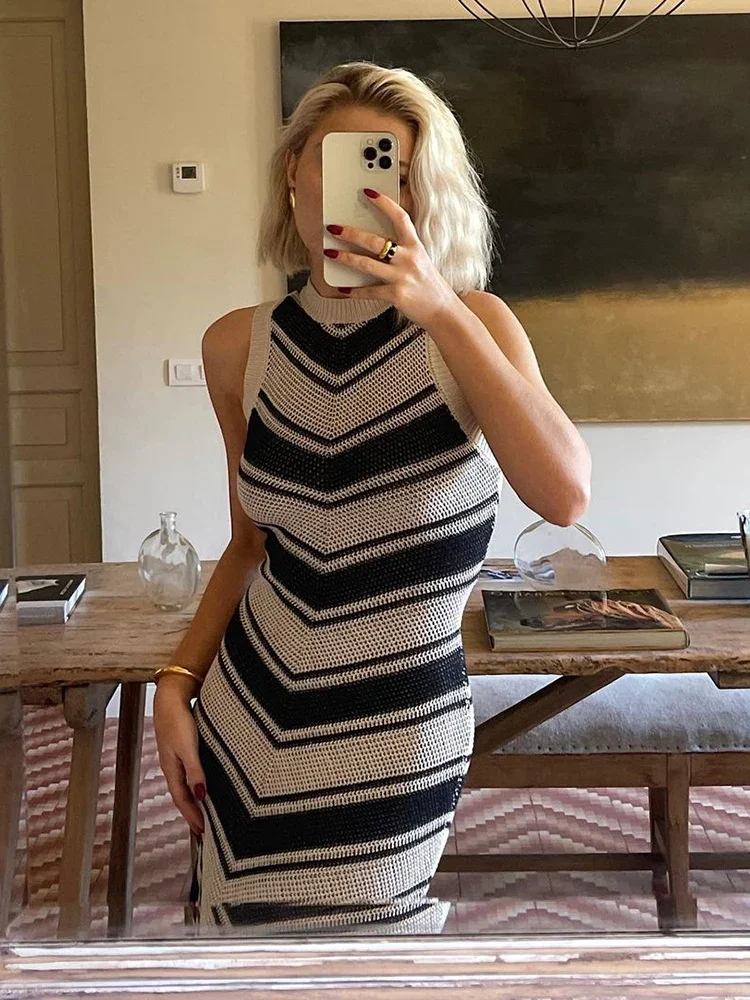 Sexy Tight Striped Tassel Knitted Dress For Women Sleeveless 2024 Summer Fashion Beach Party Evening Long Knitwear Dress