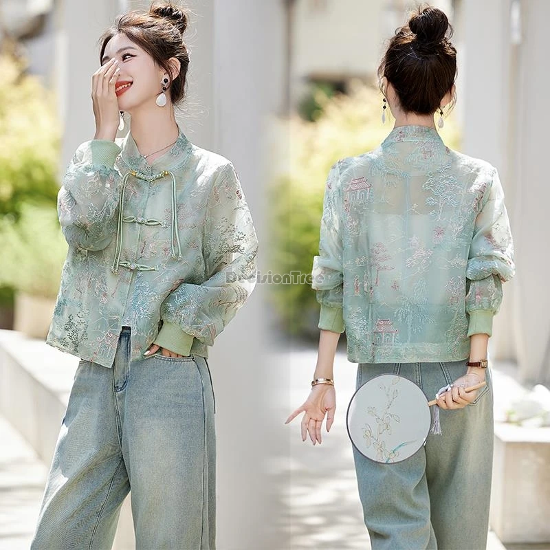 2025 exquisite chinese style embroidery thin coat retro temperament versatile cardigan stand collar button tassel tang suit top