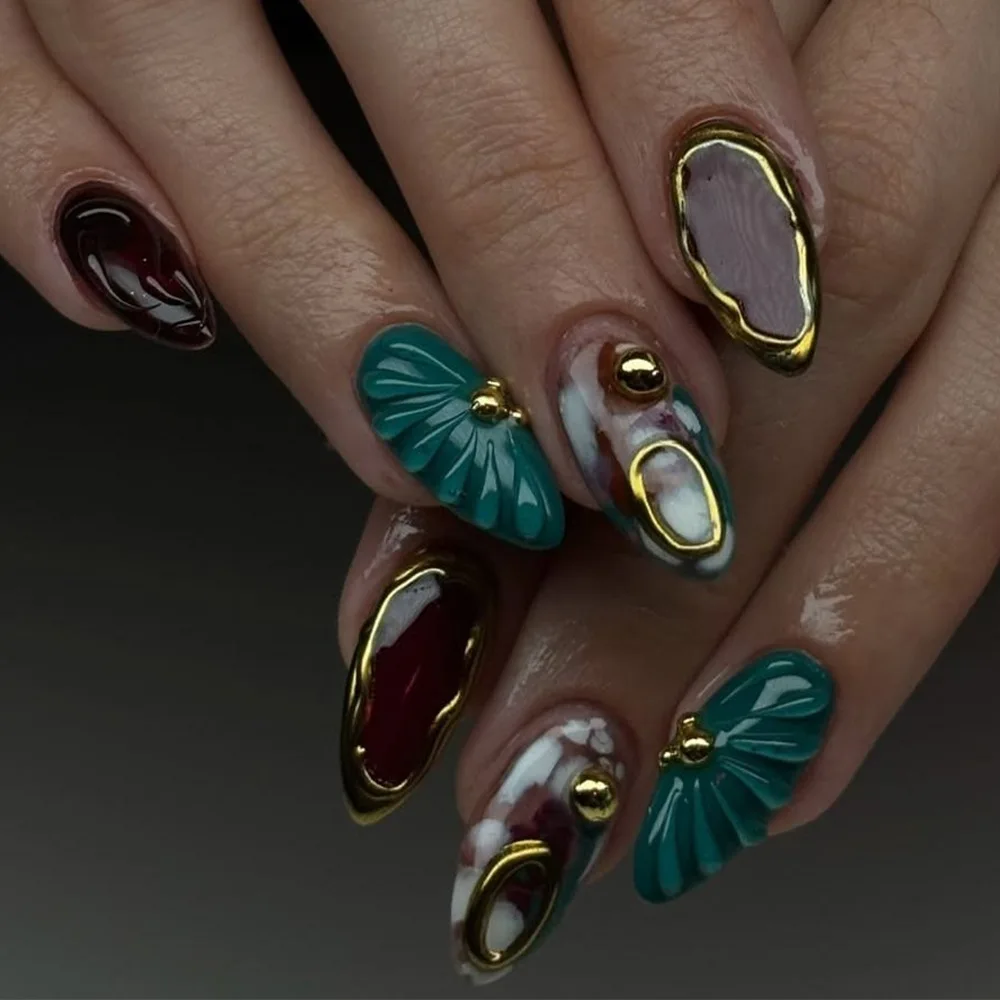 

24Pcs Press on Nails Handmade Almond Fake Nails Rendering Painting Design Reusable Artificial Almond False Nails for Women