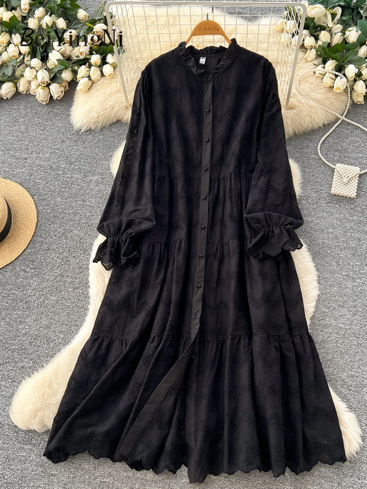 Beiyingni 2026 nouvelle mode dentelle épissé longue robe ample femmes Vintage à la mode décontracté simple boutonnage chemises Robes dames Robes