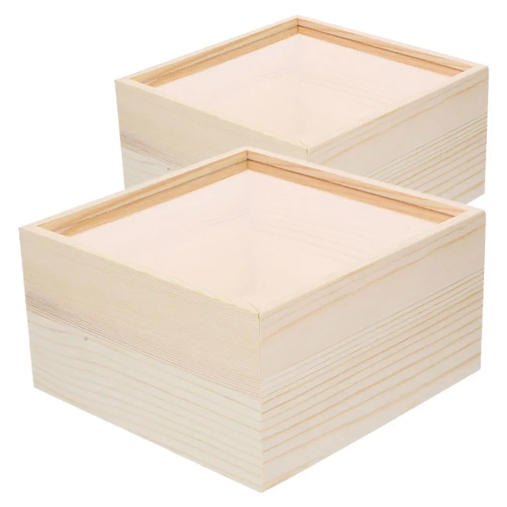 

2 pcs 15X15X8Cm Acrylic Lid Wooden Storage Box Transparent Sliding Top Keepsake Organizer Vintage Style For Cosmetics Stationery