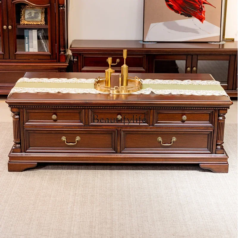 

09 American Style Coffee Table Black Walnut Solid Wood Living Room Rectangular Super Multi-Drawer Small Apartment