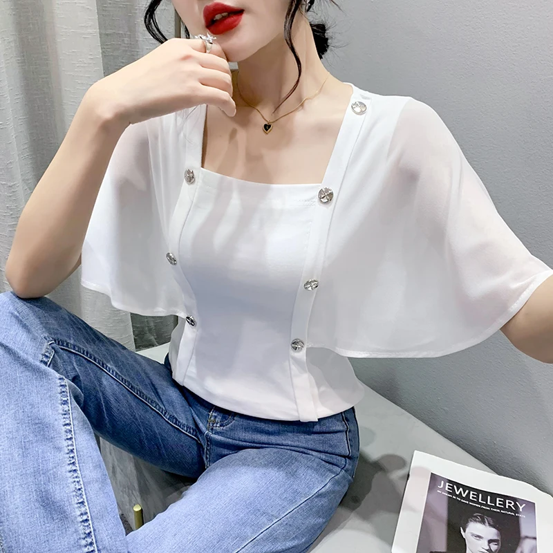 2023 New Summer Korean Clothes Cotton T-Shirt Chic Sexy Patchwork Button Ruffles Women Tops Half Sleeve Loose Casual Tees 34176