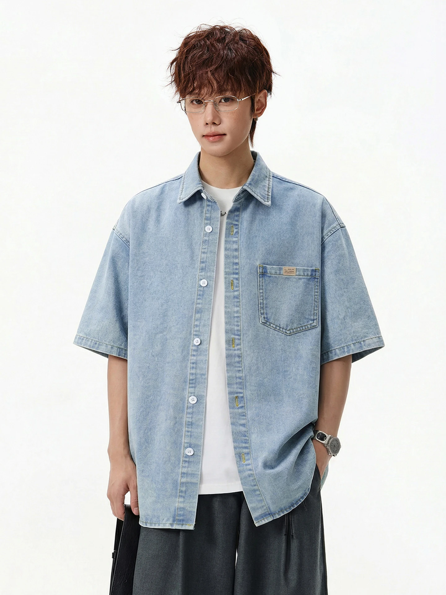 

Retro Waed ort Sve Denim irt Spring Summer New Sle ex Cotton Polyester Blend Workwear Jaet for Couples