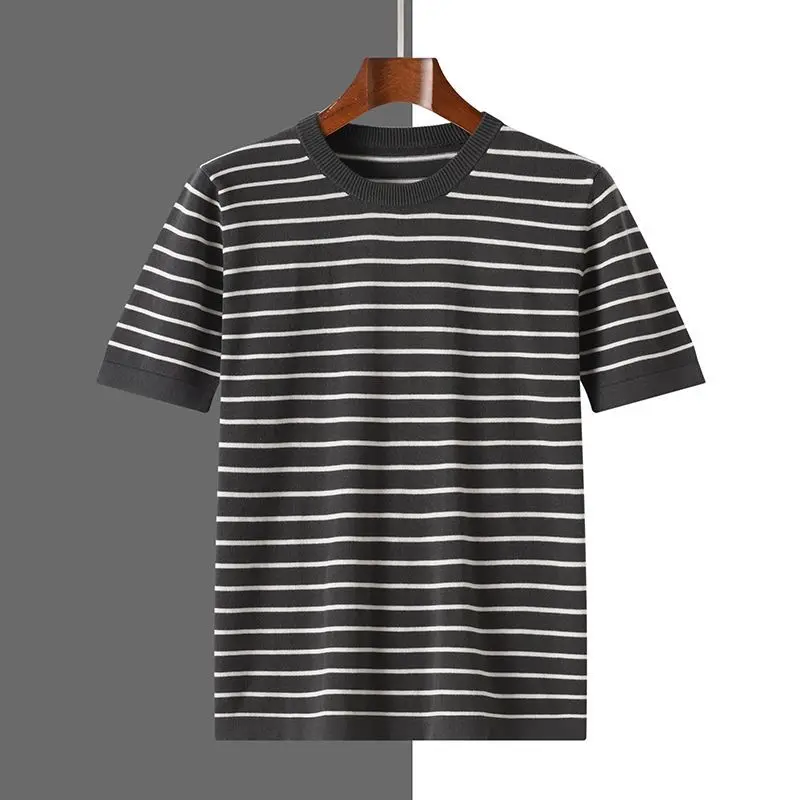 100% Cotton Knitted Short-sleeved T-shirt Crew Neck Black and White Striped Casual Half-sleeved Bottoming Shirt Summer Top