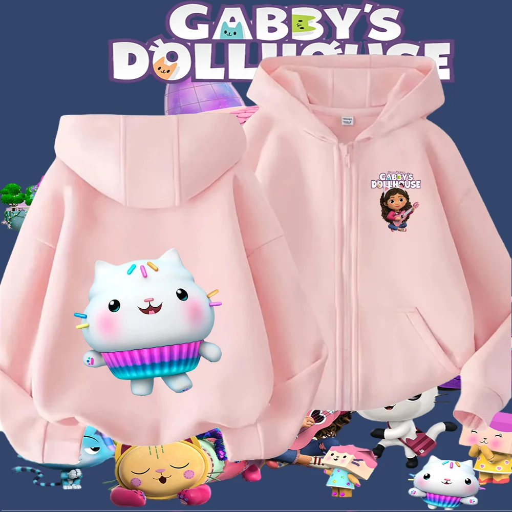 Cute Cartoon Girl with Cat Ears and Kitty Graphic Zip-Up Hoodie for Kids