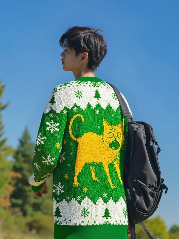 Moda hombre Horrible gato japonés Navidad feo sudadera Vintage otoño manga larga cuello redondo suéter jerseys de gran tamaño