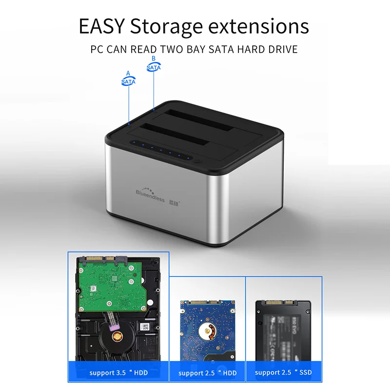 Blueendless offline clone 2 Bay 2.5''/3.5'' Docking station per disco rigido Sata/SSD dual bay Custodia per HDD Custodia per HDD USB Scatola per HDD