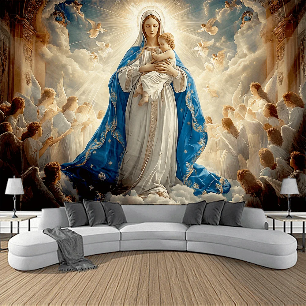 Contemporary Polyester Tapestry - Mother Mary & Jesus Design, Universal Religious Wall Decor for Christmas & New Year. Rectangle