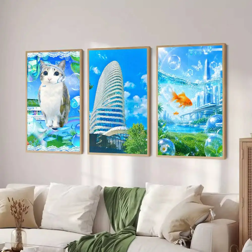 Frutiger Aero Style Poster, Bright Blue Sky Dreamy Futuristic Landscape Print Poster Fresh Y2K